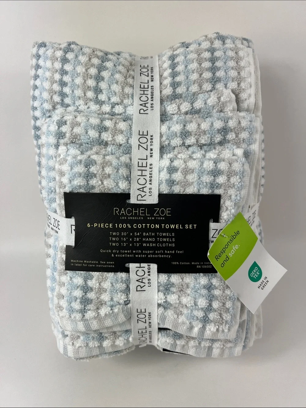 Rachel Zoe Towel Set Blue Tan White Waffle Weave Soft 100% Cotton 6 Pc Set NEW